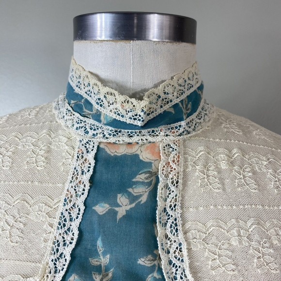 Vtg 70s Gunne Sax By Jessica Floral Voile Dress XS S Lace Boho Bell Sleeve - Picture 3 of 14